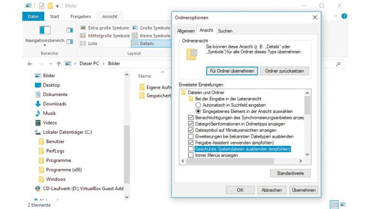 Ordneroptionen: Auf der Registerkarte ?Ansicht? legen Sie fest, welche Elemente der Explorer anzeigt. Für mehr Sicherheit sollten Sie ?Erweiterungen bei bekannten Dateitypen ausblenden? deaktivieren.